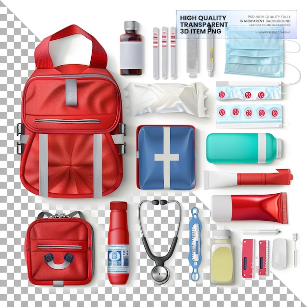 PSD emergency medical kits contain essential items for emergencies on transparent background