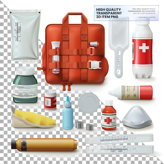 PSD emergency medical kits contain essential items for emergencies on transparent background