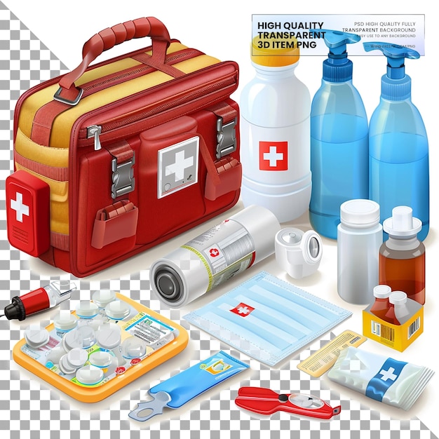 PSD emergency medical kits contain essential items for emergencies on transparent background