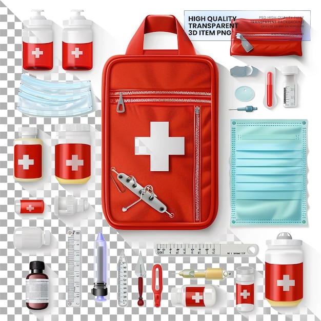 PSD emergency medical kits contain essential items for emergencies on transparent background