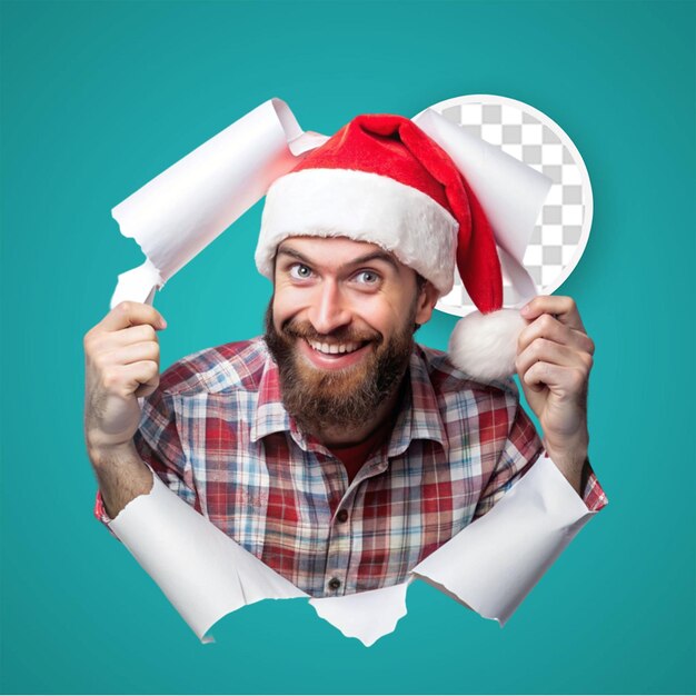 PSD emotional man in a santa hat holding a banner holiday isolated