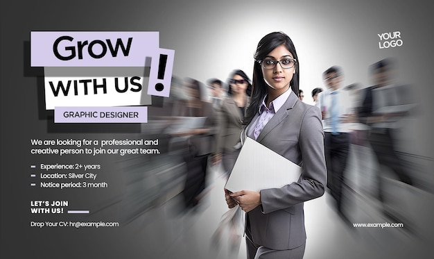 Employment placement banner template with indian business woman holding tablet