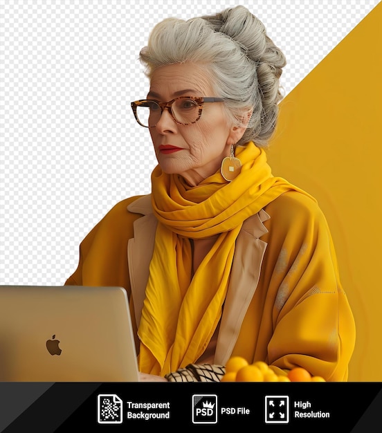 employment woman with gray hair and yellow scarf working on laptop in front of a yellow wall wearing brown glasses and a silver earring with a white hand visible in the foreground png psd