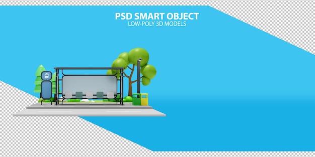 Empty bus stop shelter PSD smart object on gradient background 3d rendering image of low poly models