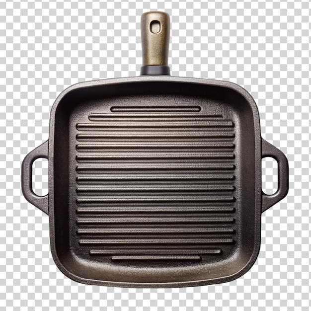 PSD empty cast iron grill pan with handle top view isolated on transparent background