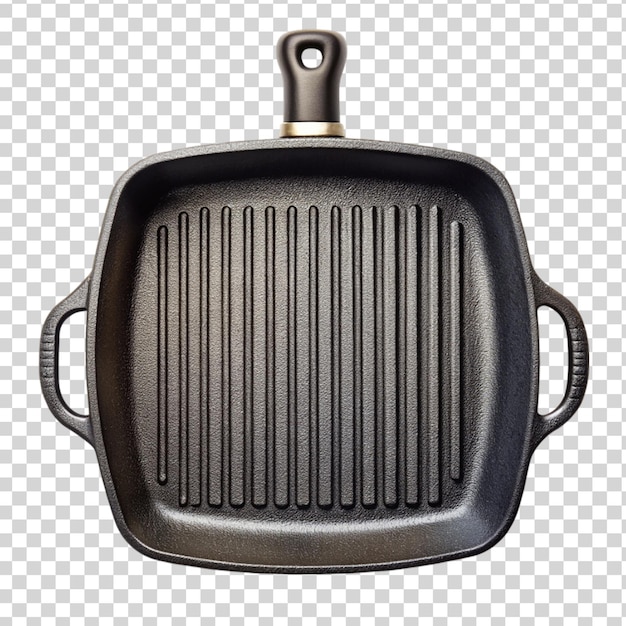 PSD empty cast iron grill pan with handle top view isolated on transparent background