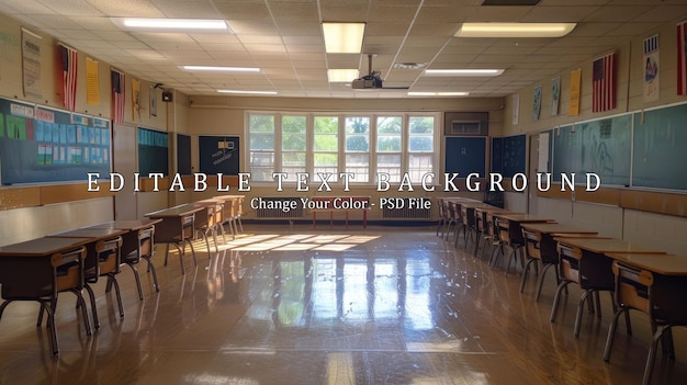 PSD empty classroom with desks and sunlight streaming through windows