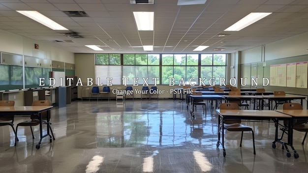 PSD empty classroom with large windows and wooden desks