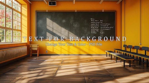 PSD empty classroom with sunlight streaming through window