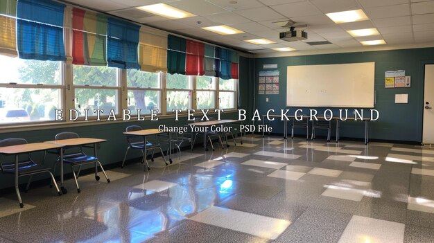 Empty Classroom with Tables and Chairs