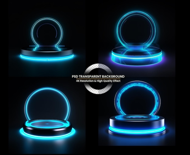 Empty dark podium with realistic spheres and neon ring on background