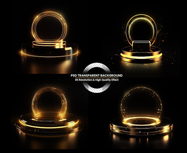 Empty dark podium with realistic spheres and neon ring on background