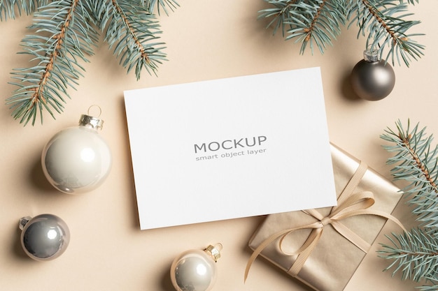 Empty greeting christmas card mockup with gift box