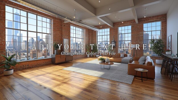 Empty loft interior with city view