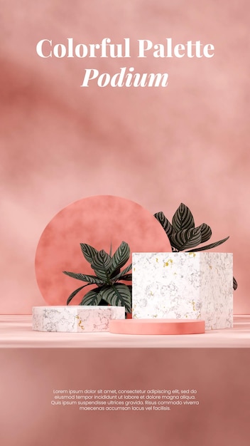 empty mockup pink cylinder and marble podium in portrait caladium plant and pink wall rendering 3d