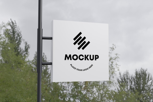 Empty Outdoor Sign Mockup White Square Signboard On The Pole Logo Sign Mock Up