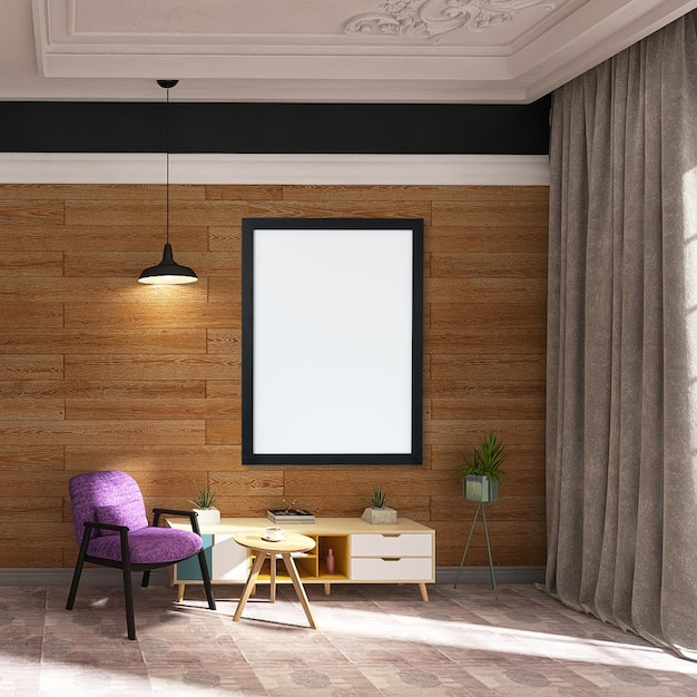 Empty photo frame mockup in modern living room interior design with sofa curtains wood texture