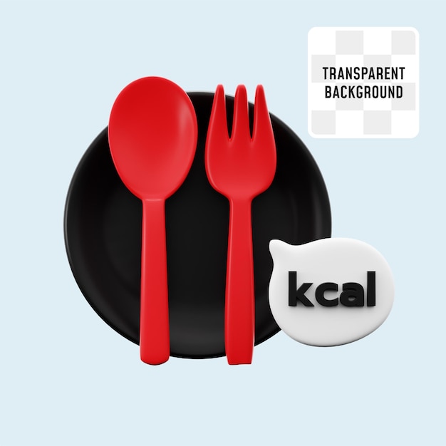 empty plate fork spoon with kcal calorie symbol for diet fitness gym nutrition 3d icon illustration render design