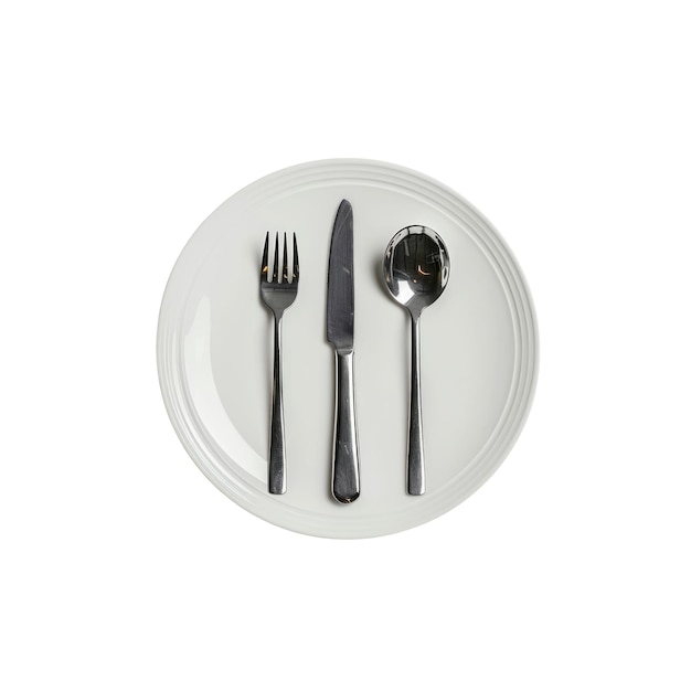 PSD an empty plate with a knife spoon and fork isolated on white