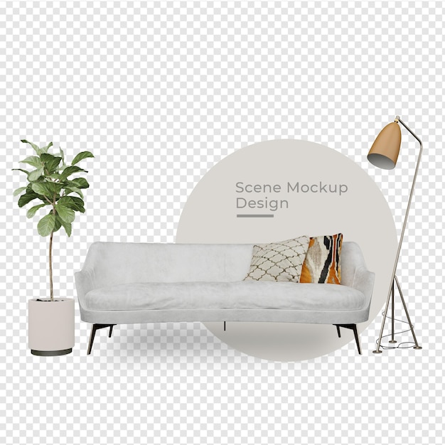 Empty poster design near potted plant sofa and lamp