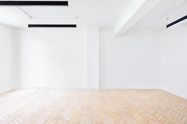 PSD empty room scene with blank walls and parquet flooring 