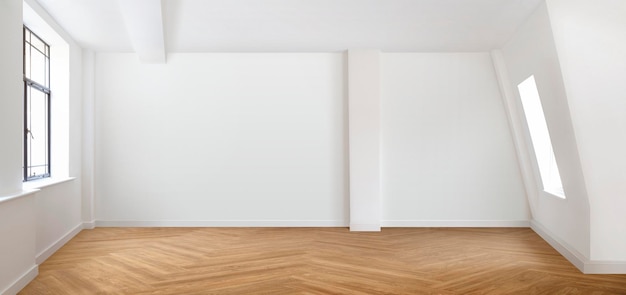 PSD empty room scene with white walls and parquet flooring 