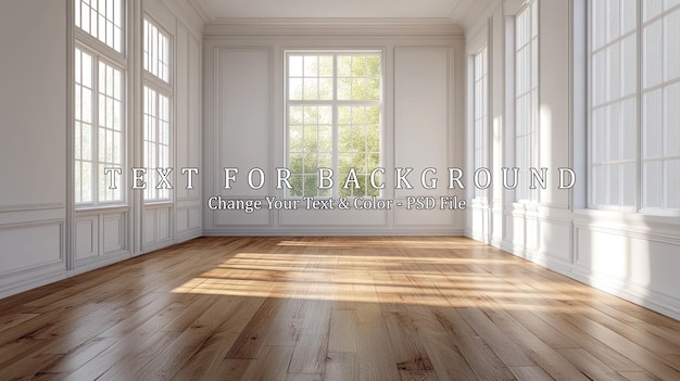 PSD empty room with large windows and wooden floors