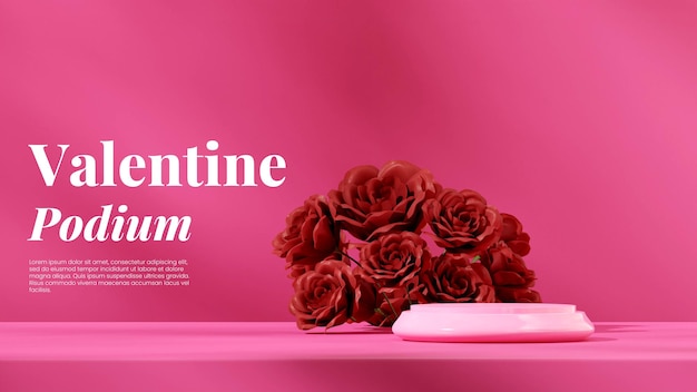 empty scene pink cylinder round podium in landscape red rose flower valentine day 3d render image
