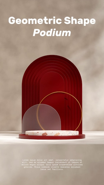 empty scene red and terrazzo podium in portrait gold ring glass and arch backdrop rendering 3d