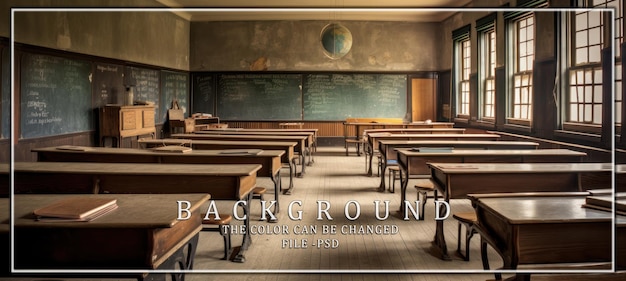 Empty Schoolroom with Wooden Desks and Chalkboards