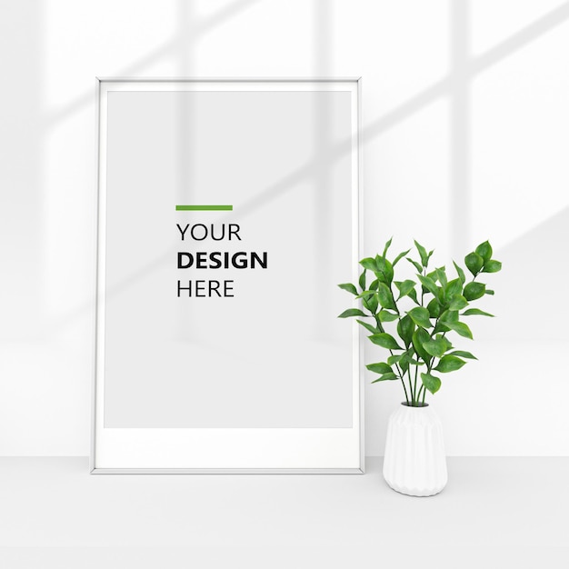 Empty vertical poster mockup near potted plant decoration