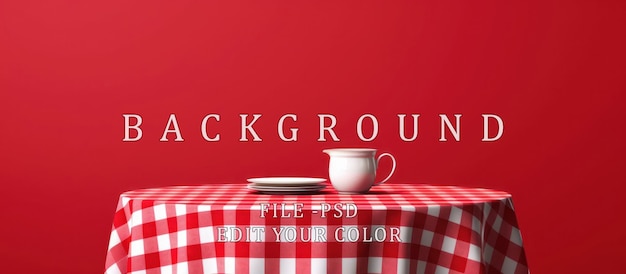 Empty white cup on checkered tablecloth red wall background