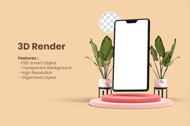 Empty white smartphone screen with podium display for mockup illustration 3d render