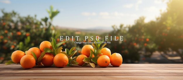 Empty wood table with free space over orange trees orange field background