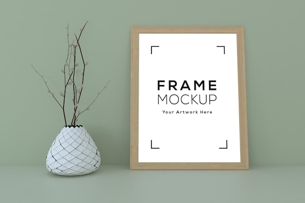 Empty Wooden frame mockup with decor plant 3d rendering