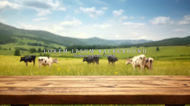 PSD empty wooden table top with grass field and cows