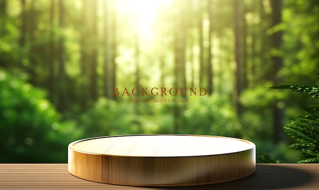 Empty wooden table with green leaves on the background