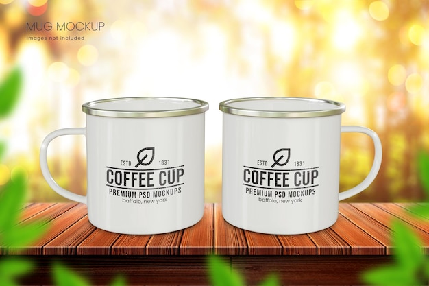 Enamel coffee cup mockup of a stack of two mugs sitting on outdoor table