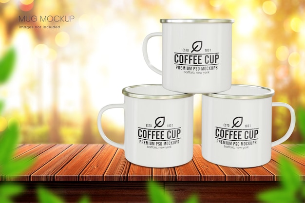 Enamel Coffee mug mockup of a stack of three cups on outdoor background