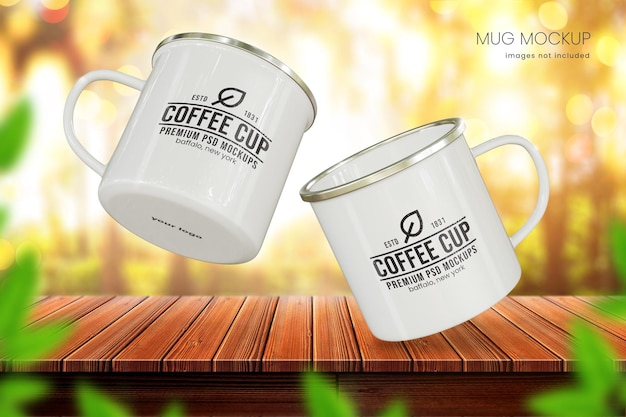 Enamel Coffee mug mockup of two white cup on outdoor background