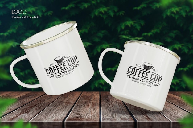 Enamel Coffee mug mockup of two white cup on outdoor background