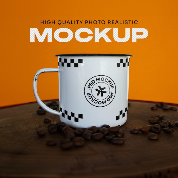 PSD enamel mug mockup on top of a rustic wooden with roasted coffee beans composition