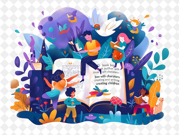 Enchanted Childrens Book Author With Characters Creating and PNG People in Daily Work Illustration