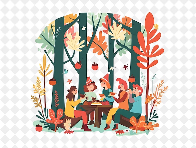 PSD enchanted forest with characters having a woodland feast des people life style flat illustration