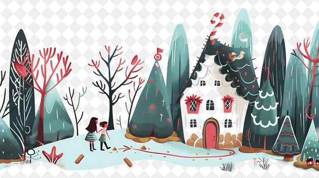 PSD enchanted forest with hansel and gretel leaving breadcrumbs people life style flat illustration