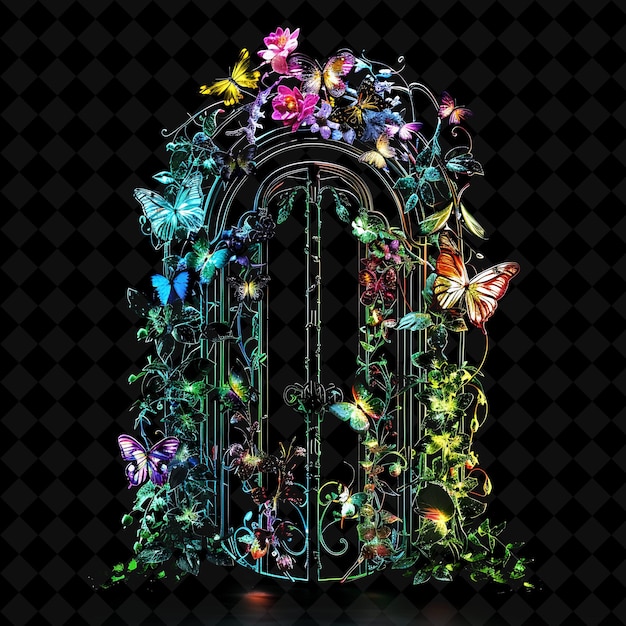 Enchanted Garden Gate With Fragrant Flowers and Fluttering B PNG Y2K Shape Neon Color Collection