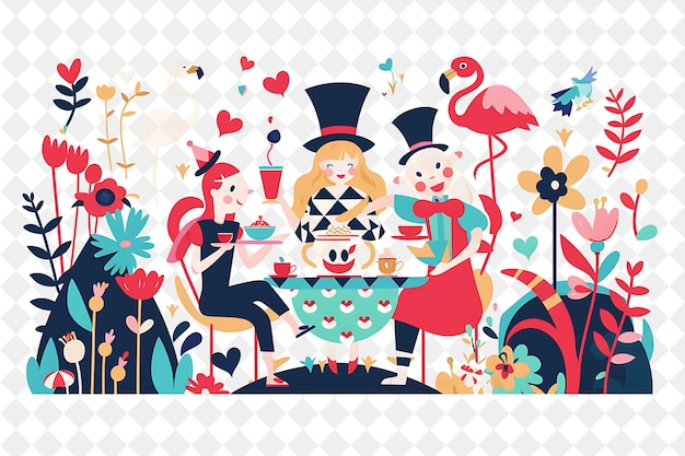 PSD enchanted garden with alice in wonderland characters having people life style flat illustration