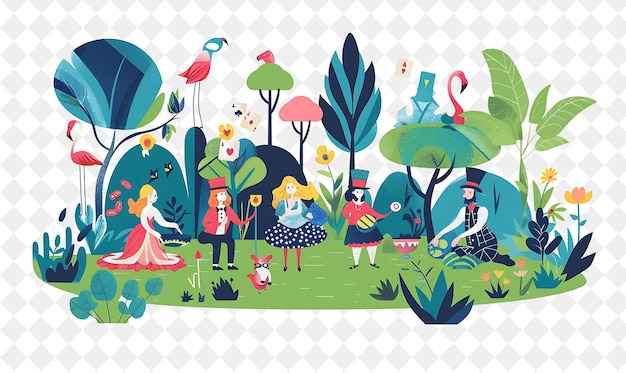 Enchanted Garden With Alice in Wonderland Characters Playing People Life Style Flat Illustration