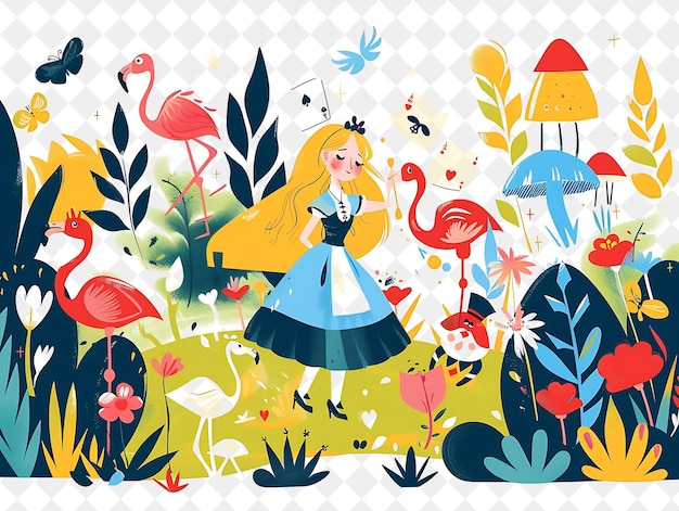 PSD enchanted garden with alice in wonderland characters playing people life style flat illustration