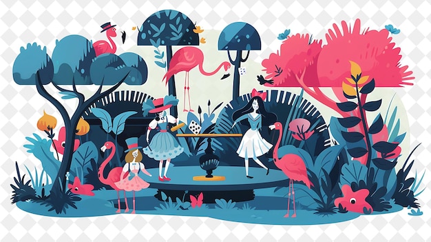 Enchanted Garden With Alice in Wonderland Characters Playing People Life Style Flat Illustration